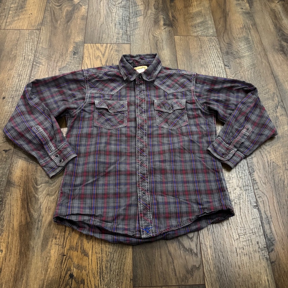 Wrangler 20X Boys Large Plaid Pearl Snap Western Cowboy Long Sleeve Shirt Rodeo